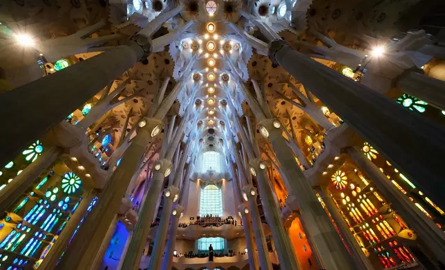 A view of the ceiling at the Basilica of the Sagrada Familia before Pope Leo XIV's arrival to celebrate Mass in Barcelona, Spain, Wednesday, June 10, 2026. (AP Photo/Bernat Armangue)