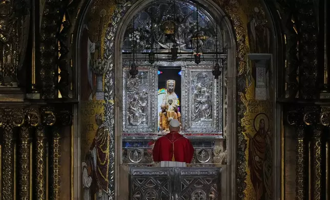 Pope Leo XIV leads a rosary prayer at the Abbey of Our Lady of Montserrat, in Montserrat, Spain, Wednesday, June 10, 2026. (AP Photo/Alessandra Tarantino)