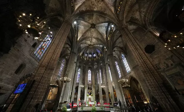 Pope Leo XIV presides over the midday prayer in the Cathedral of the Holy Cross and Saint Eulalia in Bacelona, Spain, Tuesday, June 9, 2026, on the fourth day of a seven-day apostolic journey to mainland Spain and the Canary Islands. (AP Photo/Alessandra Tarantino)