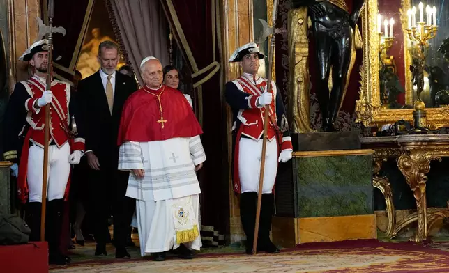 Pope Leo XIV meets with King of Spain Felipe VI Queen Letizia, and Leonor, Princess of Asturias, and Infanta Sofia at the at the Royal Palace in Madrid, Saturday, June 6, 2026, on the occasion of his Apostolic journey to Spain. (AP Photo/Alessandra Tarantino)