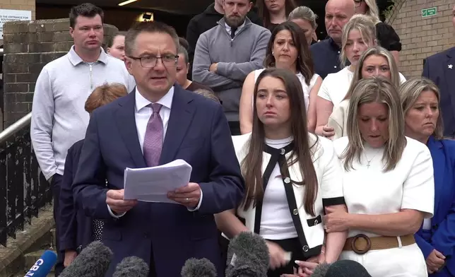 In this image taken from PA video, Henry Nowak's father Mark speaks to the media outside Southampton Crown Court, Southampton, England, Monday June 1, 2026. (Will Heaver/PA via AP)