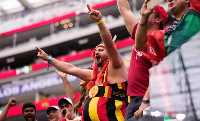 Fans of Belgium cheer prior to the World Cup Group G soccer match between Belgium and Iran in Inglewood, Calif., near Los Angeles, Sunday, June 21, 2026. (AP Photo/Mark J. Terrill)