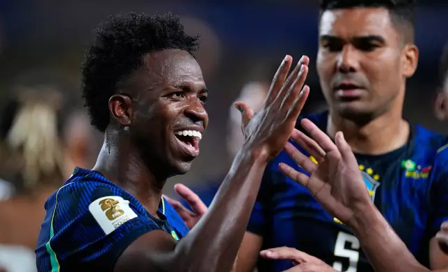 Brazil's Vinicius Junior (7) celebrates after scoring his side's third goal during the World Cup Group C soccer match between Brazil and Haiti in Philadelphia, Friday, June 19, 2026. (AP Photo/Petr David Josek)