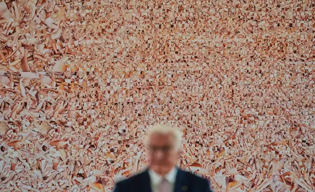 German President Frank-Walter Steinmeier speaks in front of the collage "Hard String", an artwork by Monica Bonvicini, during the press preview of an exhibition of contemporary art at the German President's residency, Bellevue Palace, in Berlin, Germany, Monday, June 8, 2026. (AP Photo/Markus Schreiber)