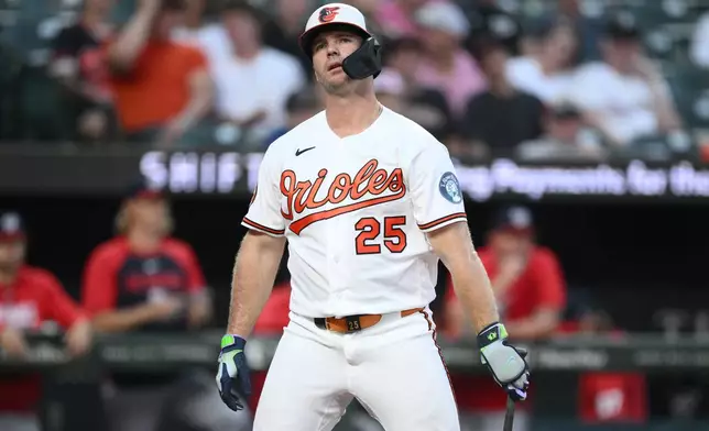 Baltimore Orioles' Pete Alonso reacts after he struck out during the third inning of a baseball game against the Washington Nationals, Saturday, June 27, 2026, in Baltimore. (AP Photo/Nick Wass)