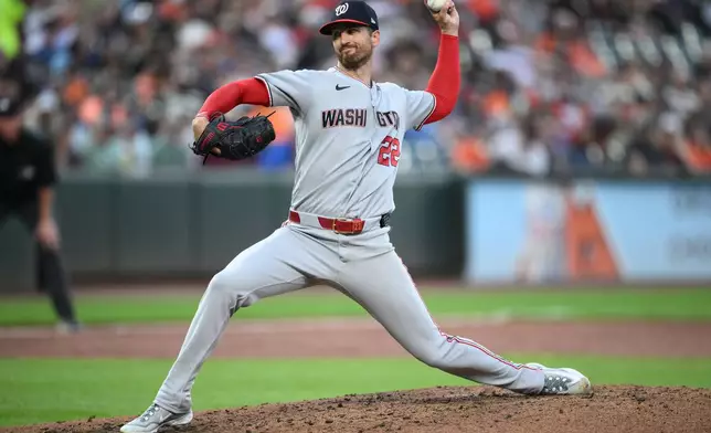 Washington Nationals pitcher Foster Griffin throws during the third inning of a baseball game against the Baltimore Orioles, Saturday, June 27, 2026, in Baltimore. (AP Photo/Nick Wass)