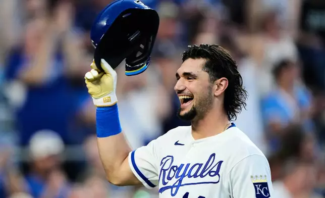 Kansas City Royals' Jac Caglianone crosses the plate after hitting a two-run home run during the sixth inning of a baseball game against the Texas Rangers, Tuesday, June 9, 2026, in Kansas City, Mo. (AP Photo/Charlie Riedel)