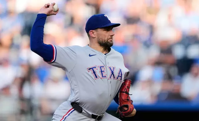Texas Rangers starting pitcher Nathan Eovaldi throws during the first inning of a baseball game against the Kansas City Royals, Tuesday, June 9, 2026, in Kansas City, Mo. (AP Photo/Charlie Riedel)