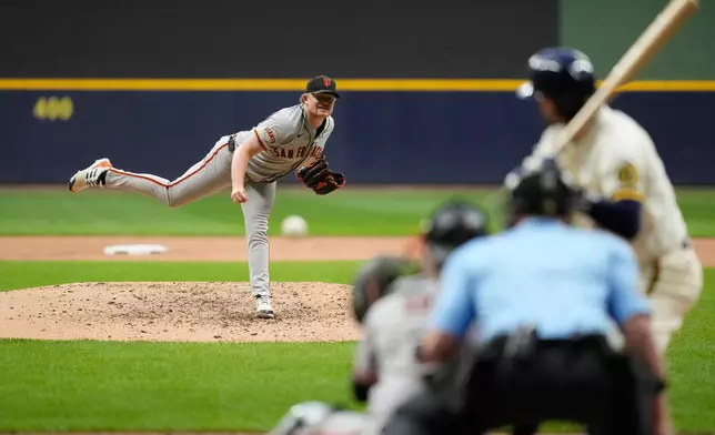 San Francisco Giants' Logan Webb pitches during the seventh inning of a baseball game against the Milwaukee Brewers, Wednesday, June 3, 2026, in Milwaukee. (AP Photo/Aaron Gash)