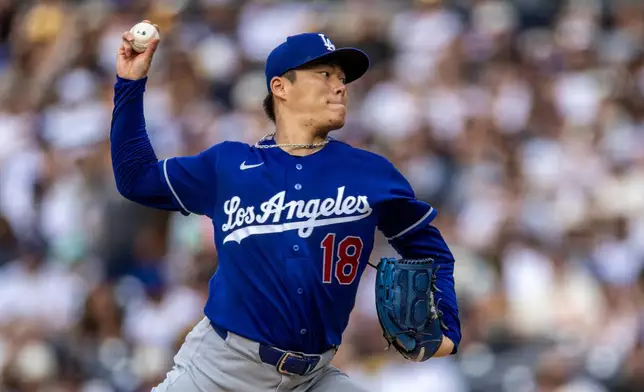 Los Angeles Dodgers starting pitcher Yoshinobu Yamamoto throws to a San Diego Padres batter in the first inning of a baseball game Saturday, June 27, 2026, in San Diego. (AP Photo/Tony Ding)