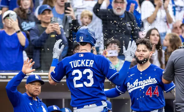 Los Angeles Dodgers' Kyle Tucker (23) celebrates after his two-run home run with Andy Pages (44) in the sixth inning of a baseball game against the San Diego Padres, Saturday, June 27, 2026, in San Diego. (AP Photo/Tony Ding)