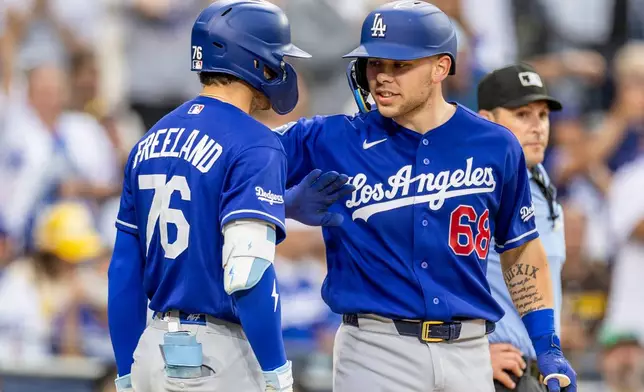 Los Angeles Dodgers' Dalton Rushing (68) celebrates after his solo home run with Alex Freeland (76) in the sixth inning of a baseball game against the San Diego Padres, Saturday, June 27, 2026, in San Diego. (AP Photo/Tony Ding)