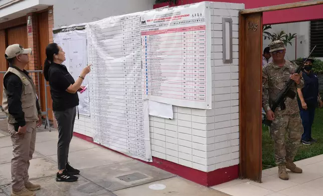 A soldier guard a polling station during the presidential runoff election in Lima, Peru, Sunday, June 7, 2026. (AP Photo/Rodrigo Abd)