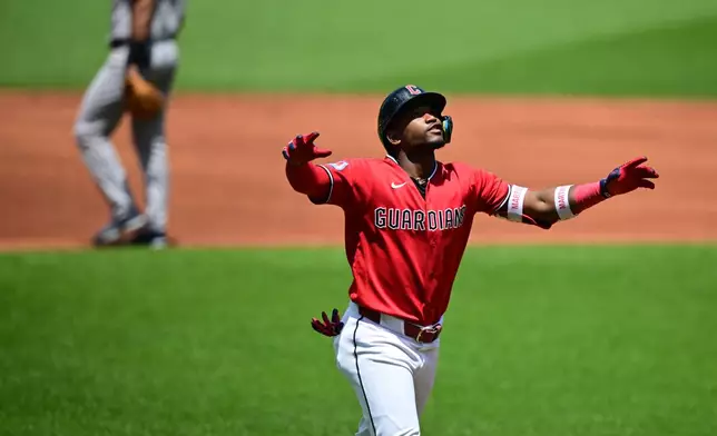 Cleveland Guardians' Angel Martinez runs the bases after hitting a solo home run off New York Yankees starting pitcher Carlos Rondon during the first inning of a baseball game, Wednesday, June 10, 2026, in Cleveland. (AP Photo/David Dermer)