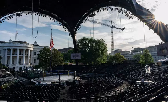 Members of the media view the arena for the UFC Freedom 250 fights on the South Lawn of the White House, Thursday, June 11, 2026, in Washington. (AP Photo/Alex Brandon)