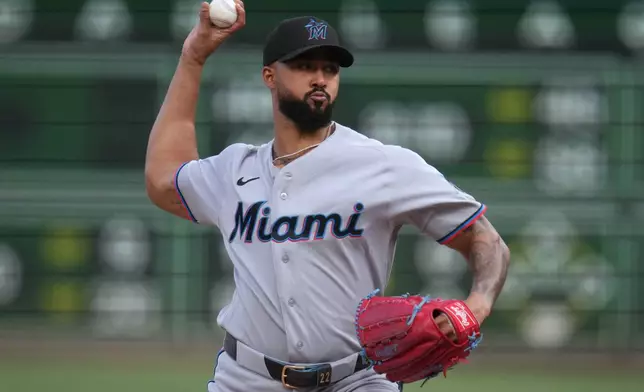 Miami Marlins pitcher Sandy Alcantara delivers during the second inning of a baseball game against the Pittsburgh Pirates in Pittsburgh, Friday, June 12, 2026. (AP Photo/Gene J. Puskar)