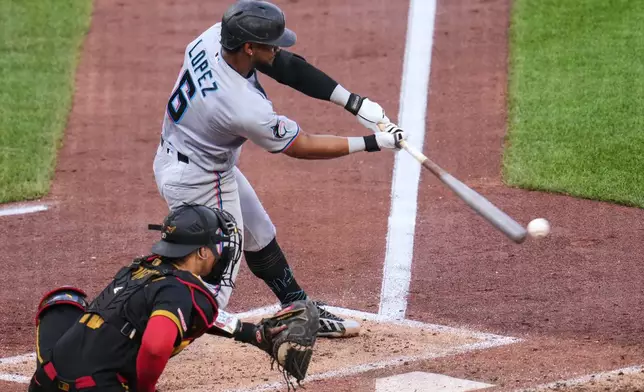 Miami Marlins' Otto Lopez (6) grounds out on a pitch from Pittsburgh Pirates' Braxton Ashcraft, allowing a run to score, during the fifth inning of a baseball game in Pittsburgh, Friday, June 12, 2026. (AP Photo/Gene J. Puskar)