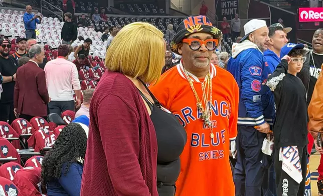Spike Lee looks on before before Game 4 in the Eastern Conference finals NBA basketball playoffs series between the New York Knicks and the Cleveland Cavaliers in Cleveland, Monday, May 25, 2026. (AP Photo/Joseph Reedy)
