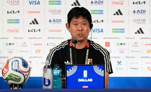 Japan head coach Hajime Moriyasu responds to a question during a news conference Saturday, June 13, 2026, in Arlington, Texas. (AP Photo/Tony Gutierrez)