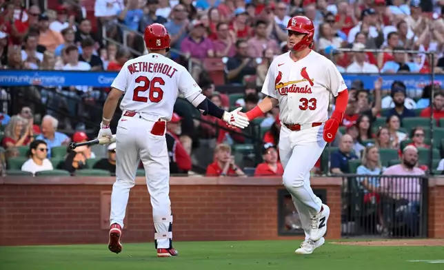 St. Louis Cardinals' Blaze Jordan (33) is congratulated by teammate JJ Wetherholt (26) after scoring a run in the second inning of a baseball game against the San Diego Padres, Tuesday, June 16, 2026, in St. Louis. (AP Photo/Joe Puetz)