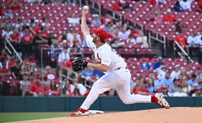 St. Louis Cardinals starting pitcher Andre Pallante throws in the first inning of a baseball game against the San Diego Padres, Tuesday, June 16, 2026, in St. Louis. (AP Photo/Joe Puetz)
