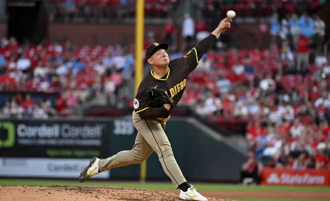 San Diego Padres relief pitcher Yuki Matsui throws in the fifth inning of a baseball game against the St. Louis Cardinals, Tuesday, June 16, 2026, in St. Louis. (AP Photo/Joe Puetz)