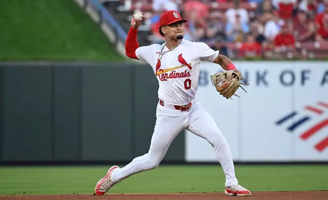 St. Louis Cardinals shortstop Masyn Winn throws out San Diego Padres' Gavin Sheets at first base in the fifth inning of a baseball game, Tuesday, June 16, 2026, in St. Louis. (AP Photo/Joe Puetz)