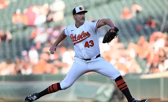 Baltimore Orioles' Trey Gibson delivers against the Seattle Mariners in the first inning of a baseball game, Monday, June 8, 2026, in Baltimore. (AP Photo/Gail Burton)