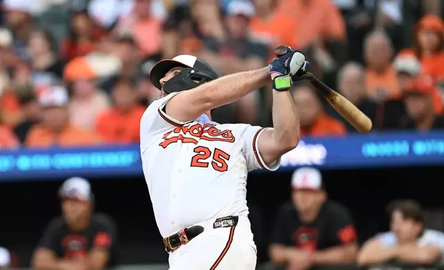 Baltimore Orioles' Pete Alonso follows through on a sacrifice fly against the Seattle Mariners in the third inning of a baseball game, Monday, June 8, 2026, in Baltimore. (AP Photo/Gail Burton)