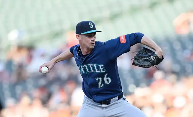 Seattle Mariners pitcher Emerson Hancock throws against the Baltimore Orioles in the second inning of a baseball game, Monday, June 8, 2026, in Baltimore. (AP Photo/Gail Burton)
