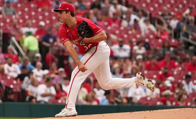 St. Louis Cardinals starting pitcher Michael McGreevy throws during the first inning of a baseball game against the Miami Marlins Friday, June 26, 2026, in St. Louis. (AP Photo/Jeff Roberson)