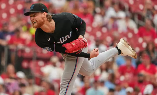 Miami Marlins starting pitcher Max Meyer throws during the first inning of a baseball game against the St. Louis Cardinals Friday, June 26, 2026, in St. Louis. (AP Photo/Jeff Roberson)