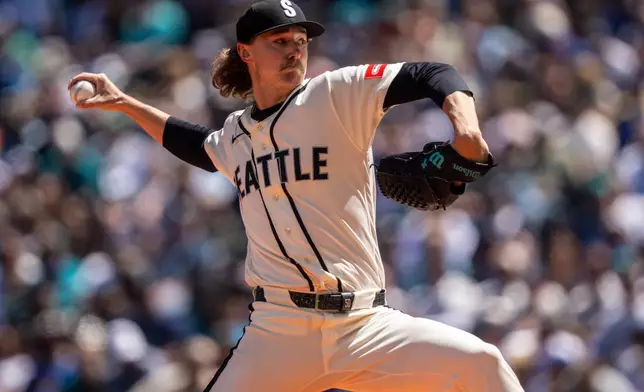 Seattle Mariners starter Bryce Miller delivers a pitch during the first inning of a baseball game against the Arizona Diamondbacks, Sunday, May 31, 2026, in Seattle. (AP Photo/Stephen Brashear)