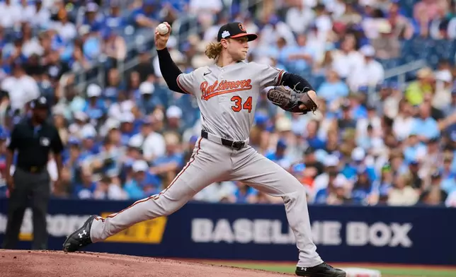 Baltimore Orioles' Shane Baz (34) works against the Toronto Blue Jays during first inning MLB baseball action in Toronto, Sunday, June 7, 2026. (Sammy Kogan/The Canadian Press via AP)