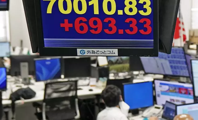 Employee of a foreign exchange dealing company work under an electronic board showing the stock index of Japan's Nikkei 225, in Tokyo Tuesday, Jun 16, 2026. (Kyodo News via AP)