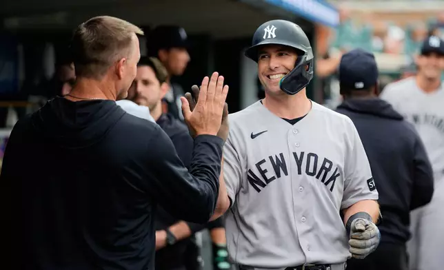 New York Yankees' Paul Goldschmidt celebrates his home run Detroit Tigers during the first inning of a baseball game Wednesday, June 24, 2026, in Detroit. (AP Photo/Paul Sancya)