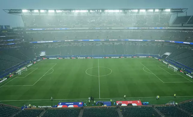 A general view of the stadium during a storm delay in the World Cup Group I soccer match between France and Iraq in Philadelphia, Monday, June 22, 2026. (AP Photo/Matt Rourke)