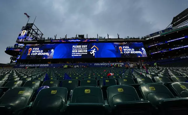 A sign advising fans of a weather delay is displayed during the World Cup Group I soccer match between France and Iraq in Philadelphia, Monday, June 22, 2026. (AP Photo/Derik Hamilton)