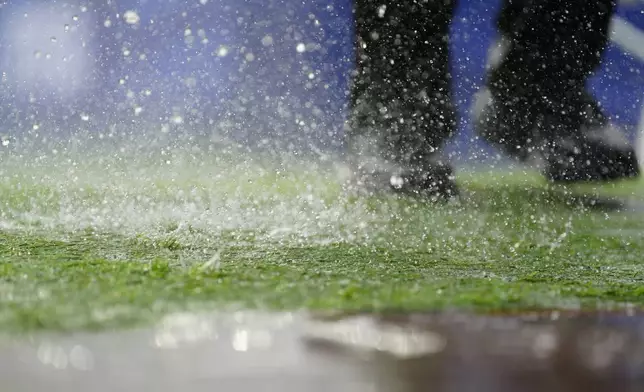 Heavy rain falls during the World Cup Group I soccer match between France and Iraq in Philadelphia, Monday, June 22, 2026. (AP Photo/Derik Hamilton)