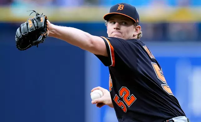 Detroit Tigers pitcher Troy Melton goes into his delivery to the Tampa Bay Rays during the first inning of a baseball game Wednesday, June 3, 2026, in St. Petersburg, Fla. (AP Photo/Chris O'Meara)