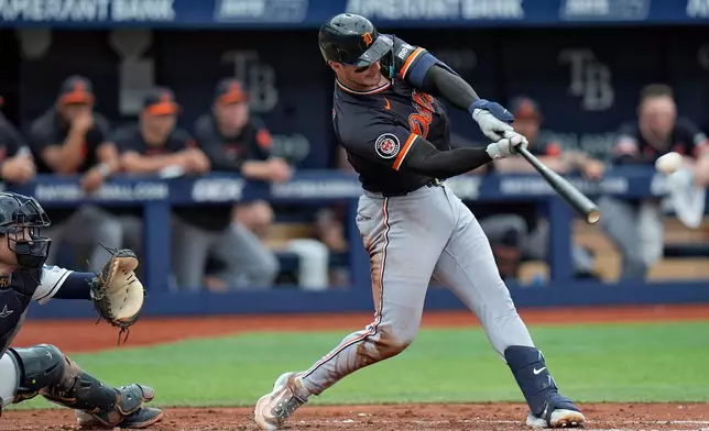 Detroit Tigers' Dillon Dingler connects for a three-run home run off Tampa Bay Rays pitcher Nick Martinez during the fourth inning of a baseball game Wednesday, June 3, 2026, in St. Petersburg, Fla. (AP Photo/Chris O'Meara)