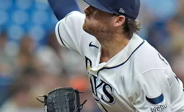 Tampa Bay Rays pitcher Mason Englert delivers to the Detroit Tigers during the eighth inning of a baseball game Wednesday, June 3, 2026, in St. Petersburg, Fla. (AP Photo/Chris O'Meara)