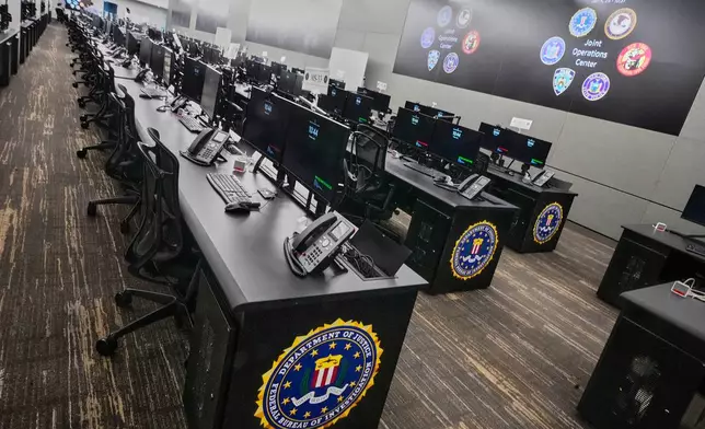Rows of desks fill the FBI's Joint Operations Center in New York, Thursday, June 4, 2026, ahead of the World Cup soccer tournament. (AP Photo/Richard Drew)