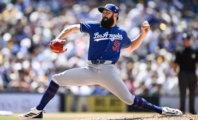 Los Angeles Dodgers pitcher Alex Vesia delivers during the sixth inning of a baseball game against the San Diego Padres, Sunday, June 28, 2026, in San Diego. (AP Photo/Denis Poroy)