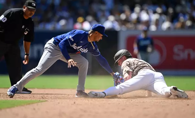 San Diego Padres' Jackson Merrill (3) steals second base ahead of the tag of Los Angeles Dodgers shortstop Mookie Betts (50) during the sixth inning of a baseball game, Sunday, June 28, 2026, in San Diego. (AP Photo/Denis Poroy)