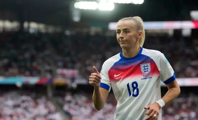 FILE - England's Chloe Kelly gestures during the Women's Euro 2025 final soccer match between England and Spain at St. Jakob-Park in Basel, Switzerland, Sunday, July 27, 2025. (AP Photo/Alessandra Tarantino, file)