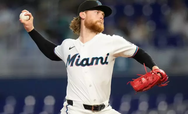 Miami Marlins starting pitcher Max Meyer throws during the first inning of a baseball game against the San Francisco Giants, Saturday, June 20, 2026, in Miami. (AP Photo/Lynne Sladky)
