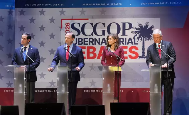 FILE - State Sen. Josh Kimbrell, from left, Attorney General Alan Wilson, Reps. Nancy Mace and Ralph Norman listen to instruction from moderators for a South Carolina GOP gubernatorial candidate debate, April 1, 2026, in Newberry, S.C. (AP Photo/Meg Kinnard, File)