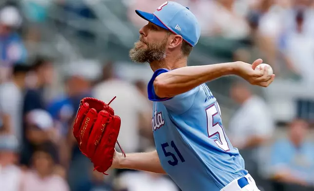 Atlanta Braves pitcher Chris Sale delivers to a Milwaukee Brewers batter during the first inning of a baseball game, Saturday, June 20, 2026, in Atlanta. (AP Photo/Erik S. Lesser)