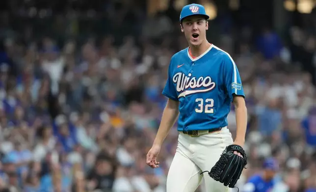 Milwaukee Brewers' Jacob Misiorowski reacts during the third inning of a baseball game against the Chicago Cubs, Friday, June 26, 2026, in Milwaukee. (AP Photo/Aaron Gash)